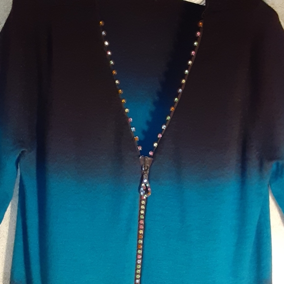 Teal Brown Sweater Top Gradient Rhinestone Zip Regency Core  BELLIDINI Size 1x - Picture 2 of 9